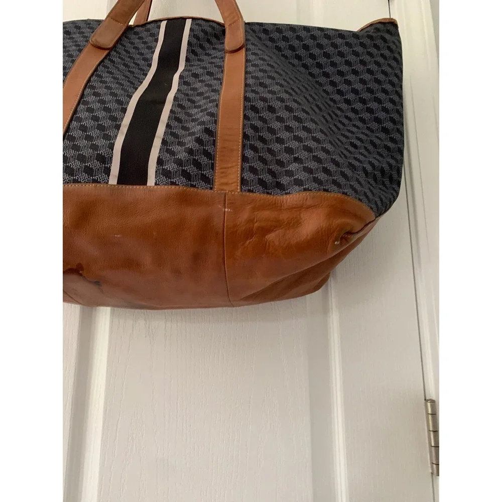Barrington Geometric Cube Print Canvas Tote Bag Leather Trim Navy Racing Large